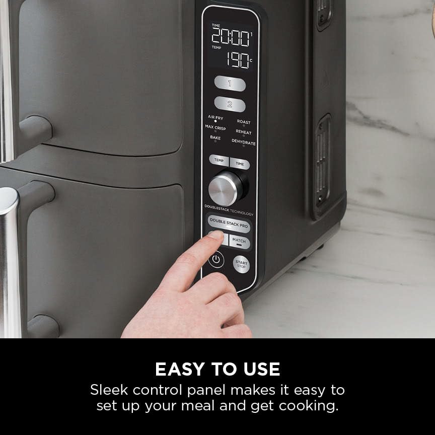 Ninja Double Stack XL Air Fryer, Vertical Dual Drawer AirFryer with 4 cooking levels, 2 Drawers and 2 Racks, Space Saving Design, 9.5L Capacity, 6 Cooking Functions, 8 Portions, Grey SL400UK