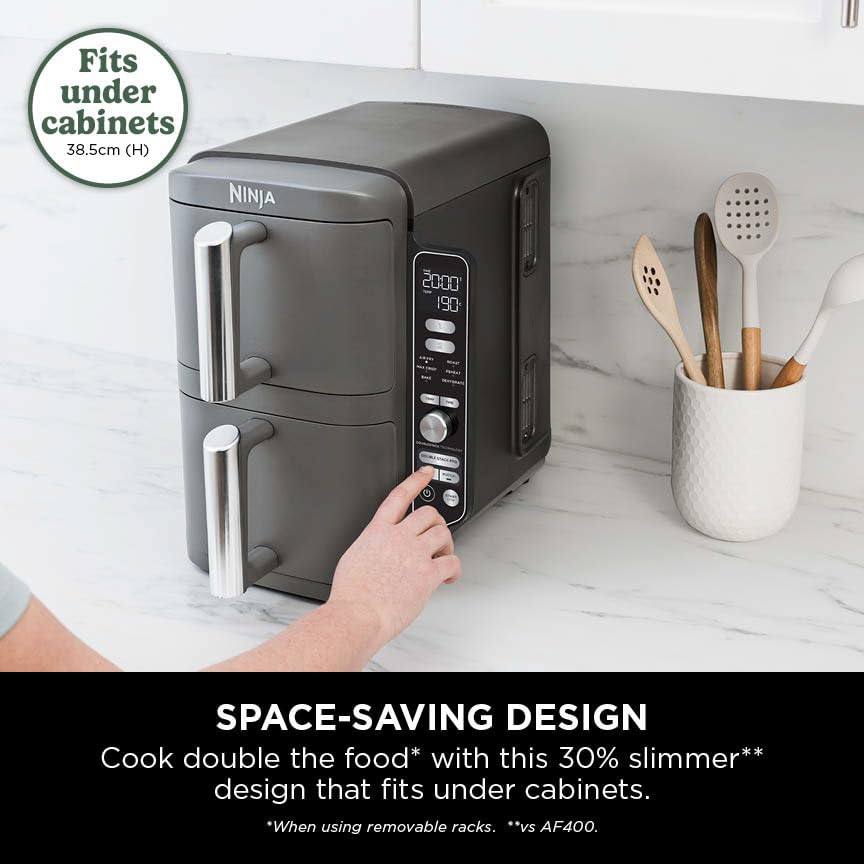 Ninja Double Stack XL Air Fryer, Vertical Dual Drawer AirFryer with 4 cooking levels, 2 Drawers and 2 Racks, Space Saving Design, 9.5L Capacity, 6 Cooking Functions, 8 Portions, Grey SL400UK