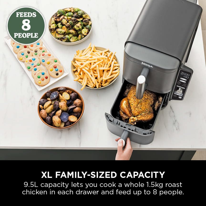 Ninja Double Stack XL Air Fryer, Vertical Dual Drawer AirFryer with 4 cooking levels, 2 Drawers and 2 Racks, Space Saving Design, 9.5L Capacity, 6 Cooking Functions, 8 Portions, Grey SL400UK