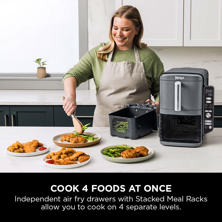 Ninja Double Stack XL Air Fryer, Vertical Dual Drawer AirFryer with 4 cooking levels, 2 Drawers and 2 Racks, Space Saving Design, 9.5L Capacity, 6 Cooking Functions, 8 Portions, Grey SL400UK