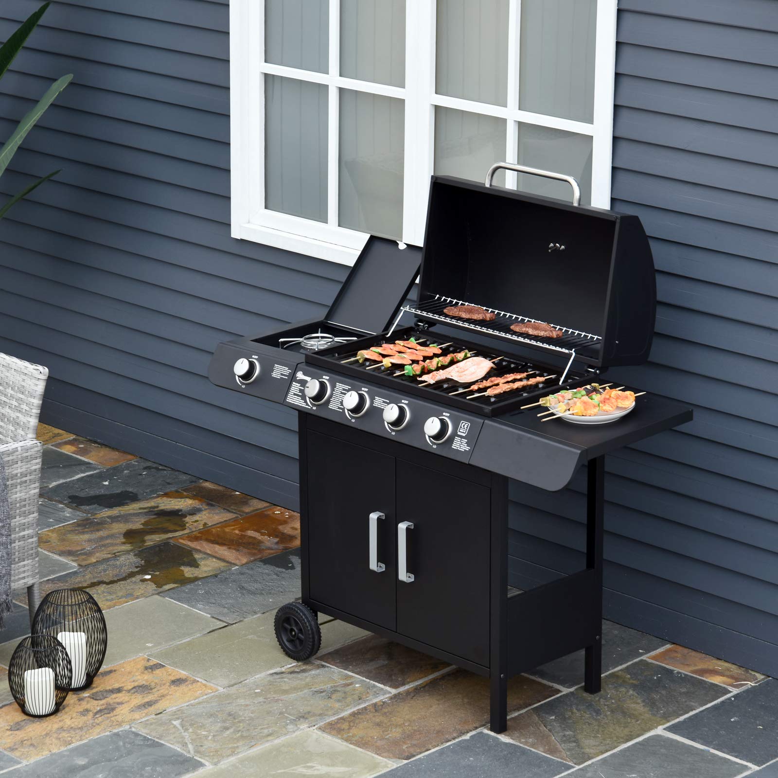 Outsunny Portable 4+1 Gas Burner Grill BBQ Trolley Backyard Garden Smoker Side Burner w/Storage Side Table For Party,Camping And Picnic