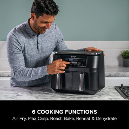 Ninja Foodi Dual Zone Digital Air Fryer, 2 Drawers, 7.6L, 6-in-1, Uses No Oil, Air Fry, Max Crisp, Roast, Bake, Reheat, Dehydrate, Cooks 4-6 Portions, Non-Stick, Dishwasher Safe Baskets, Black AF300UK