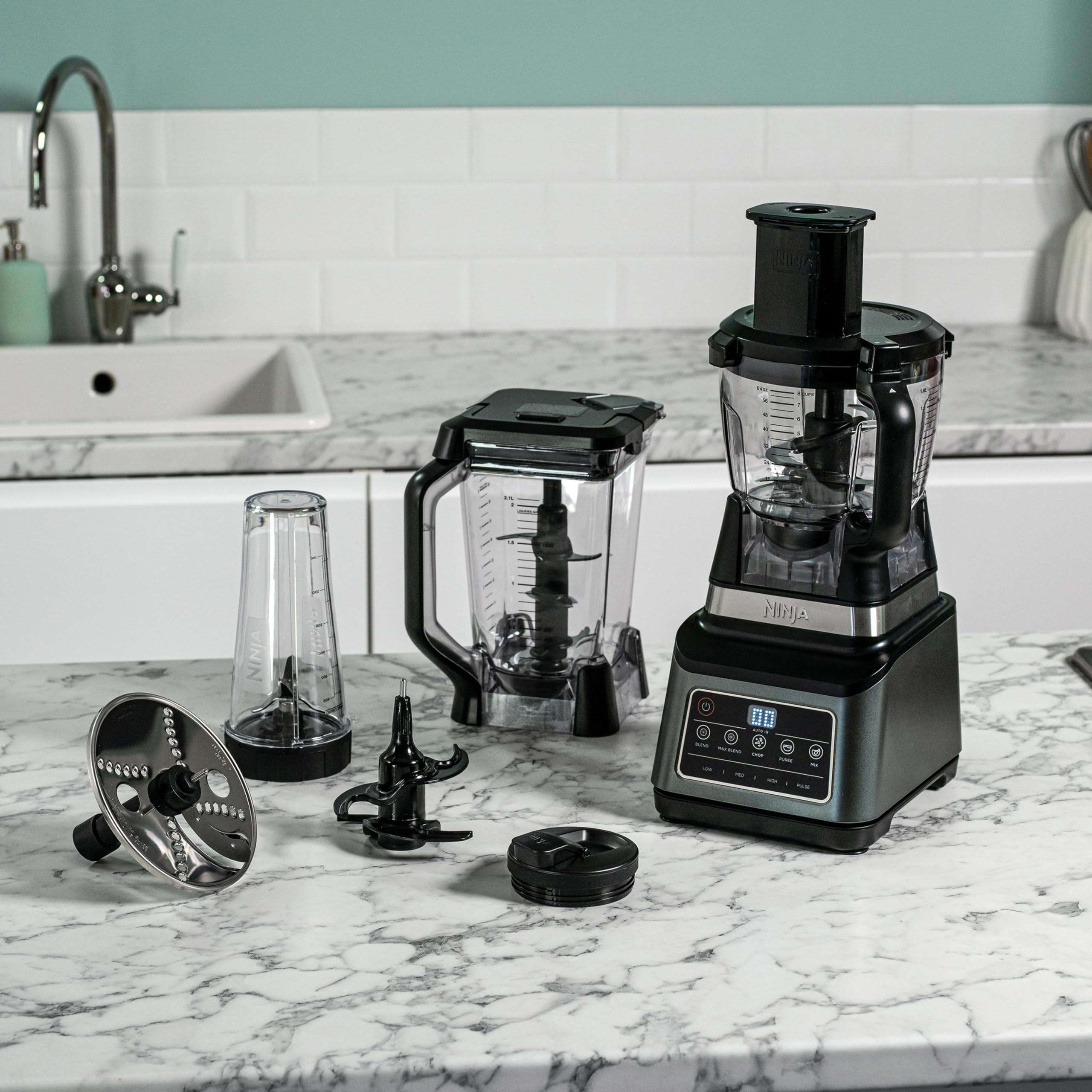 Ninja 3-in-1 Food Processor & Blender with 5 Automatic Programs: Blend, Max Blend, Chop, Mix, Puree, 1.8L Bowl, 2.1L Jug, 700ml Cup, 1200W, Dishwasher Safe Parts, Auto-iQ, Black BN800UK